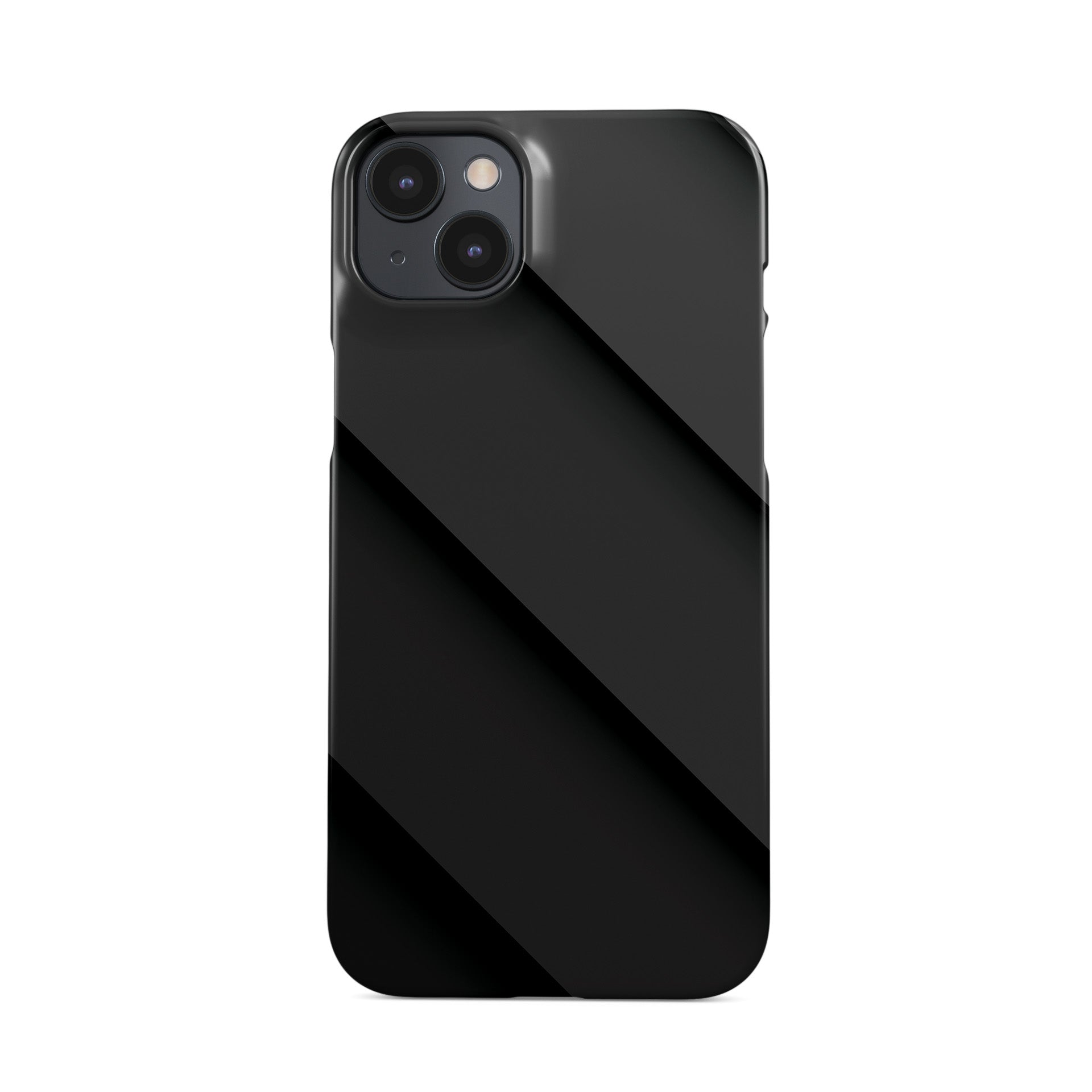Smooth diagonal layered-panel artwork printed on a glossy slim snap phone case in matte black tones.