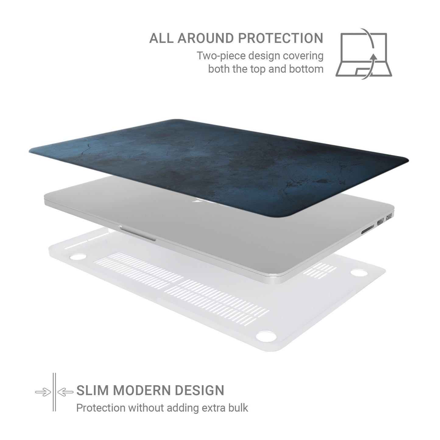 Midnight Smoke MacBook case with dark blue stone texture and slim matte hard shell design