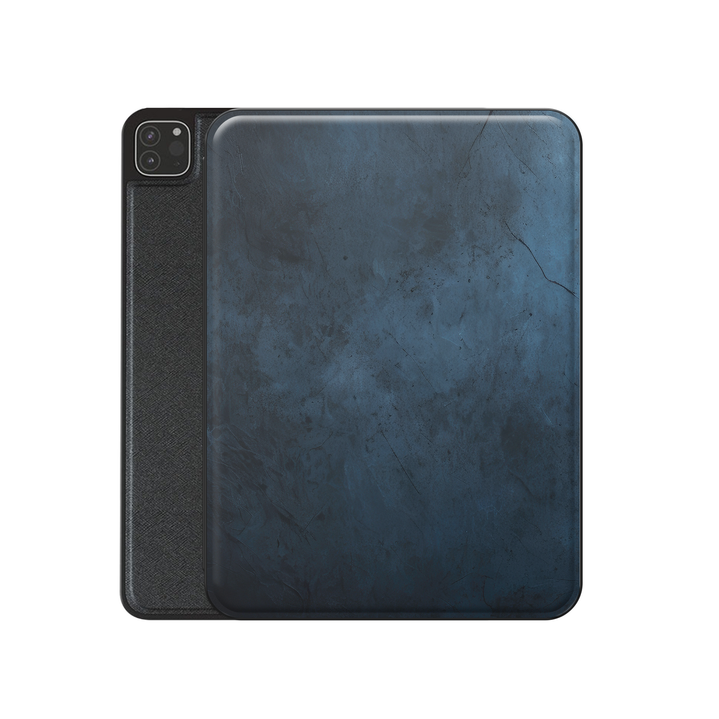 Midnight Smoke Apple iPad case with deep blue stone texture, vegan leather finish and Apple Pencil holder