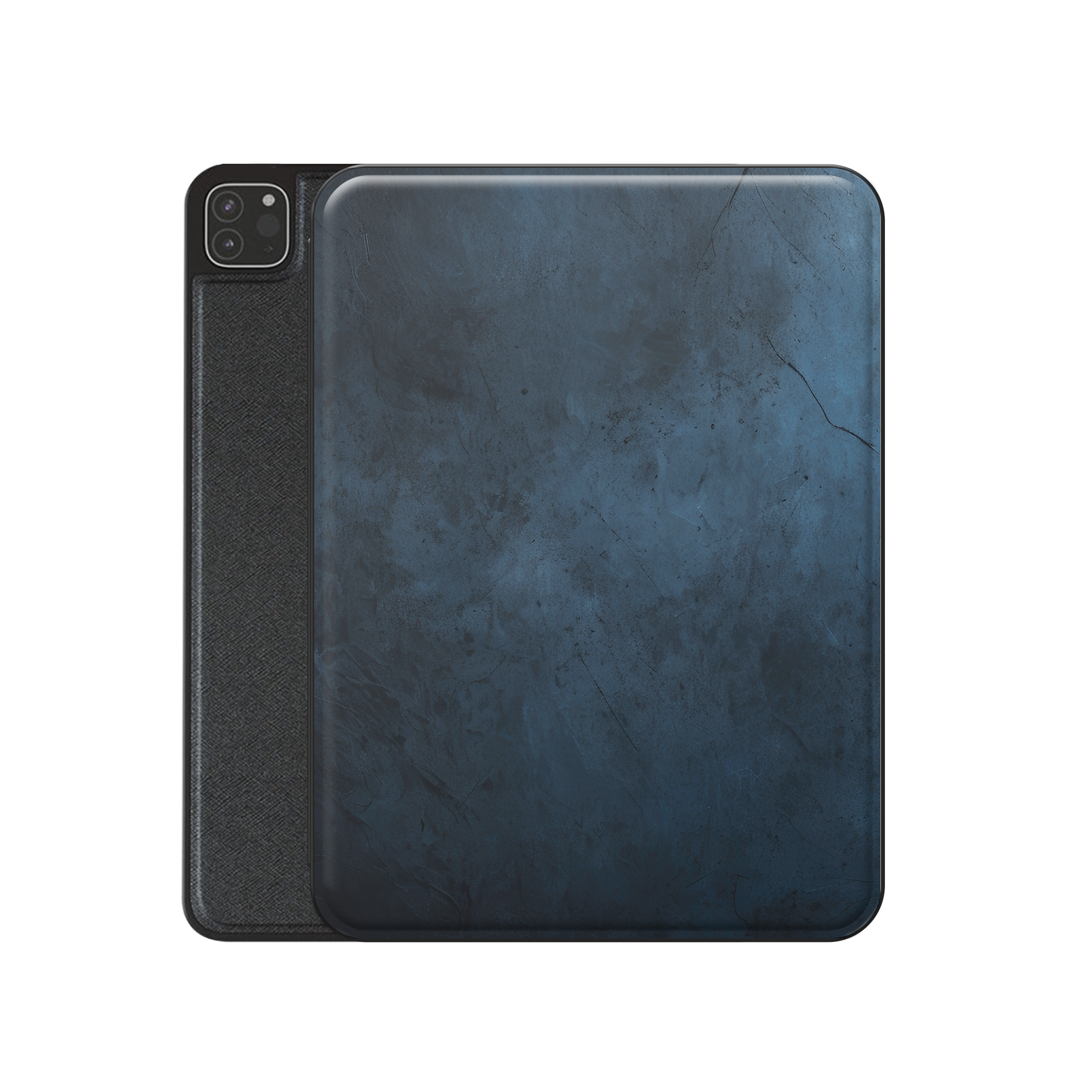 Midnight Smoke Apple iPad case with deep blue stone texture, vegan leather finish and Apple Pencil holder