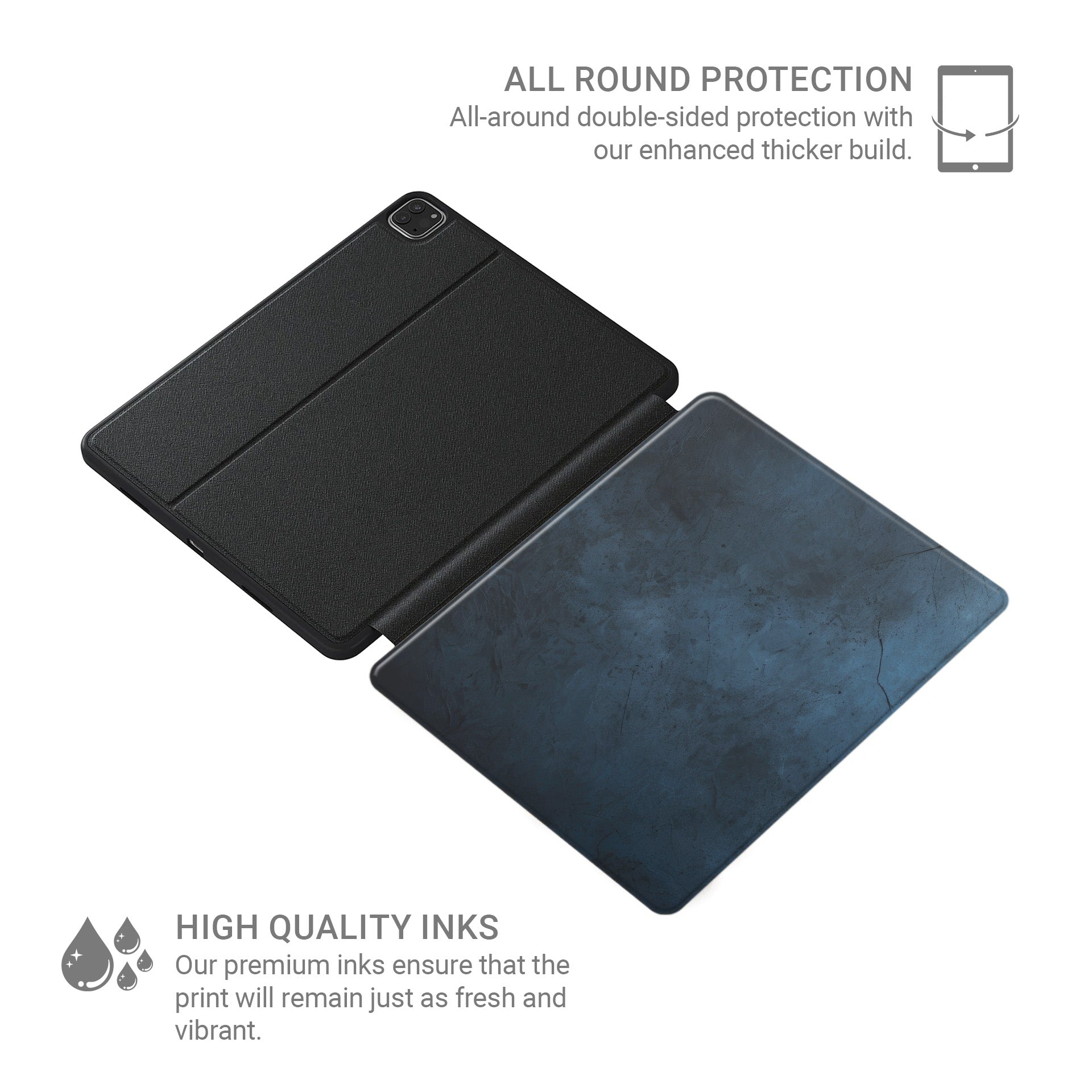 Midnight Smoke Apple iPad case with deep blue stone texture, vegan leather finish and Apple Pencil holder