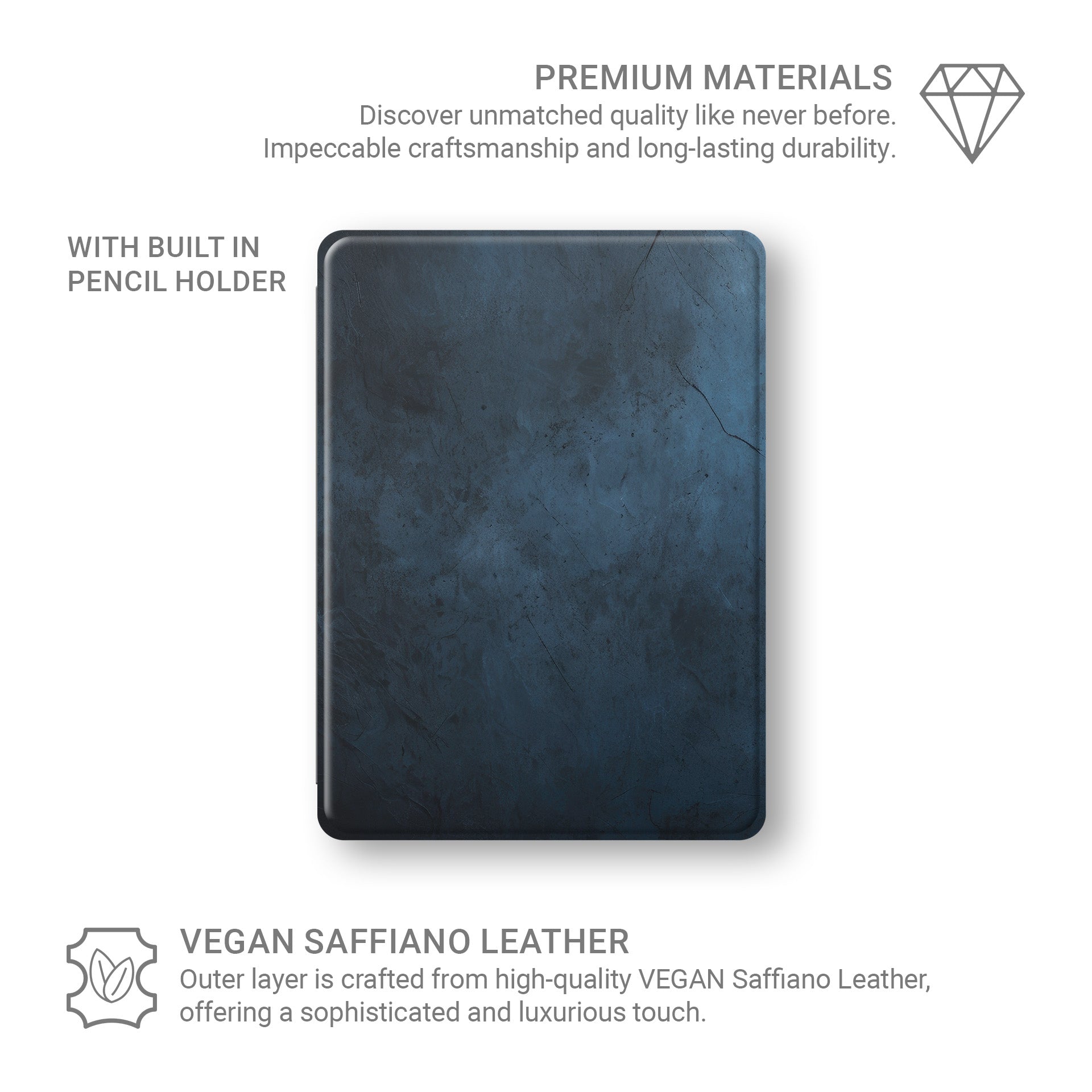 Midnight Smoke Apple iPad case with deep blue stone texture, vegan leather finish and Apple Pencil holder