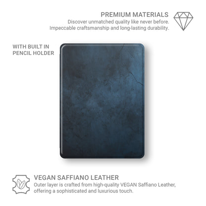 Midnight Smoke Apple iPad case with deep blue stone texture, vegan leather finish and Apple Pencil holder