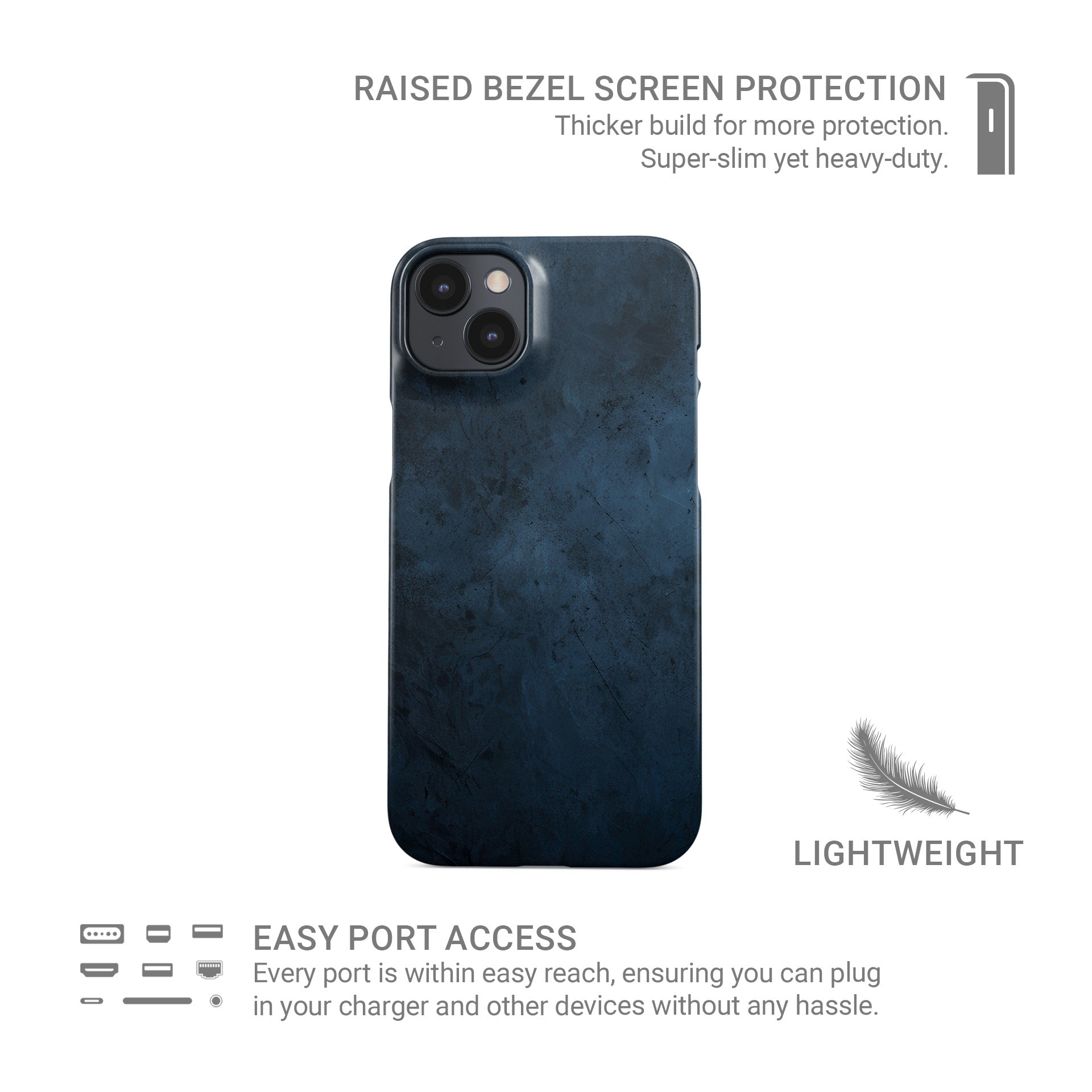 Moody blue smoky texture slim snap phone case with soft concrete inspired shading and a glossy finish