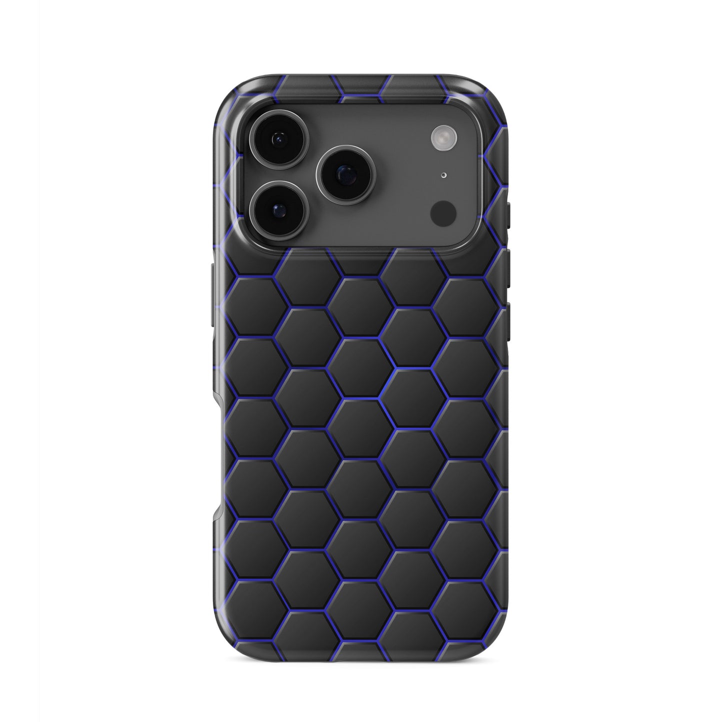 Midnight Voltage tough phone case with dark hexagon pattern and glowing blue outlines on a glossy charcoal finish.