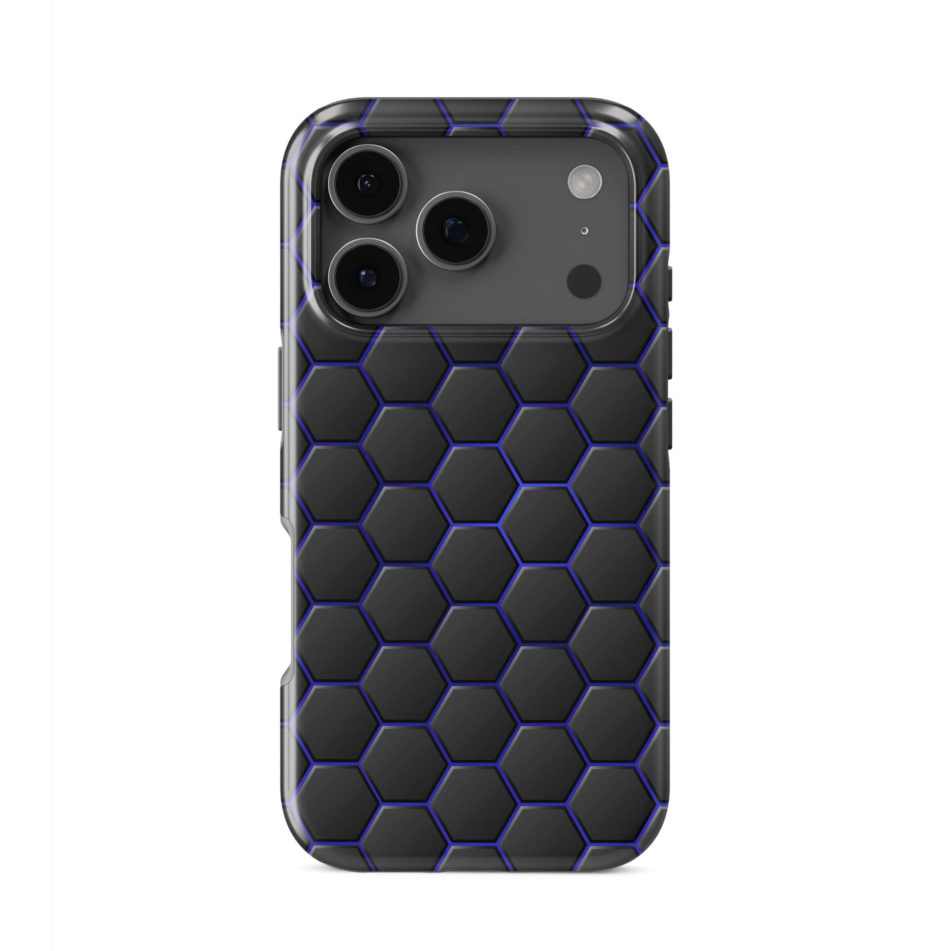 Midnight Voltage tough phone case with dark hexagon pattern and glowing blue outlines on a glossy charcoal finish.