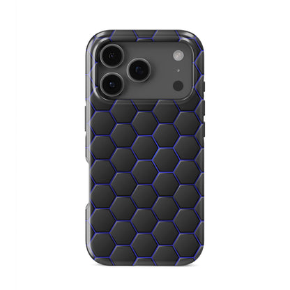 Midnight Voltage tough phone case with dark hexagon pattern and glowing blue outlines on a glossy charcoal finish.