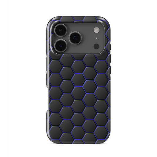 Midnight Voltage tough phone case with dark hexagon pattern and glowing blue outlines on a glossy charcoal finish.