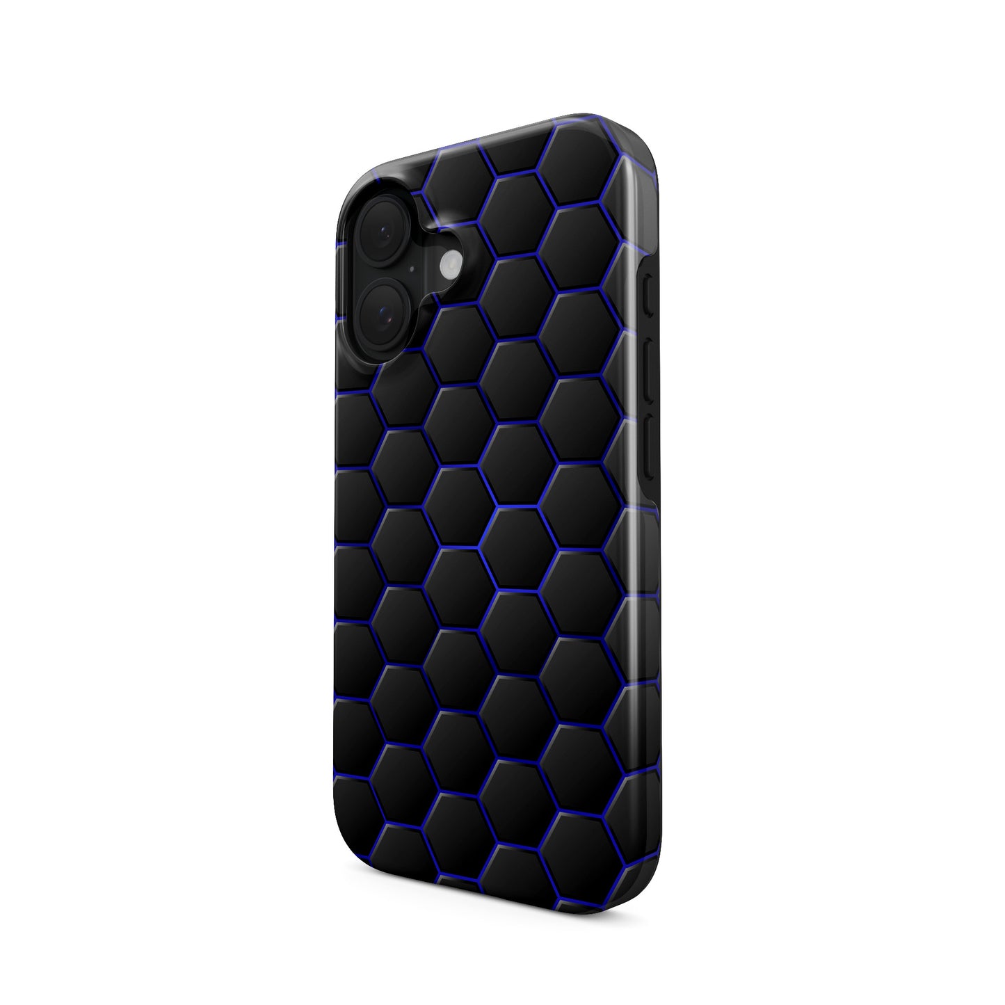 Midnight Voltage tough phone case with dark hexagon pattern and glowing blue outlines on a glossy charcoal finish.