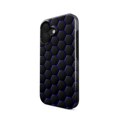 Midnight Voltage tough phone case with dark hexagon pattern and glowing blue outlines on a glossy charcoal finish.