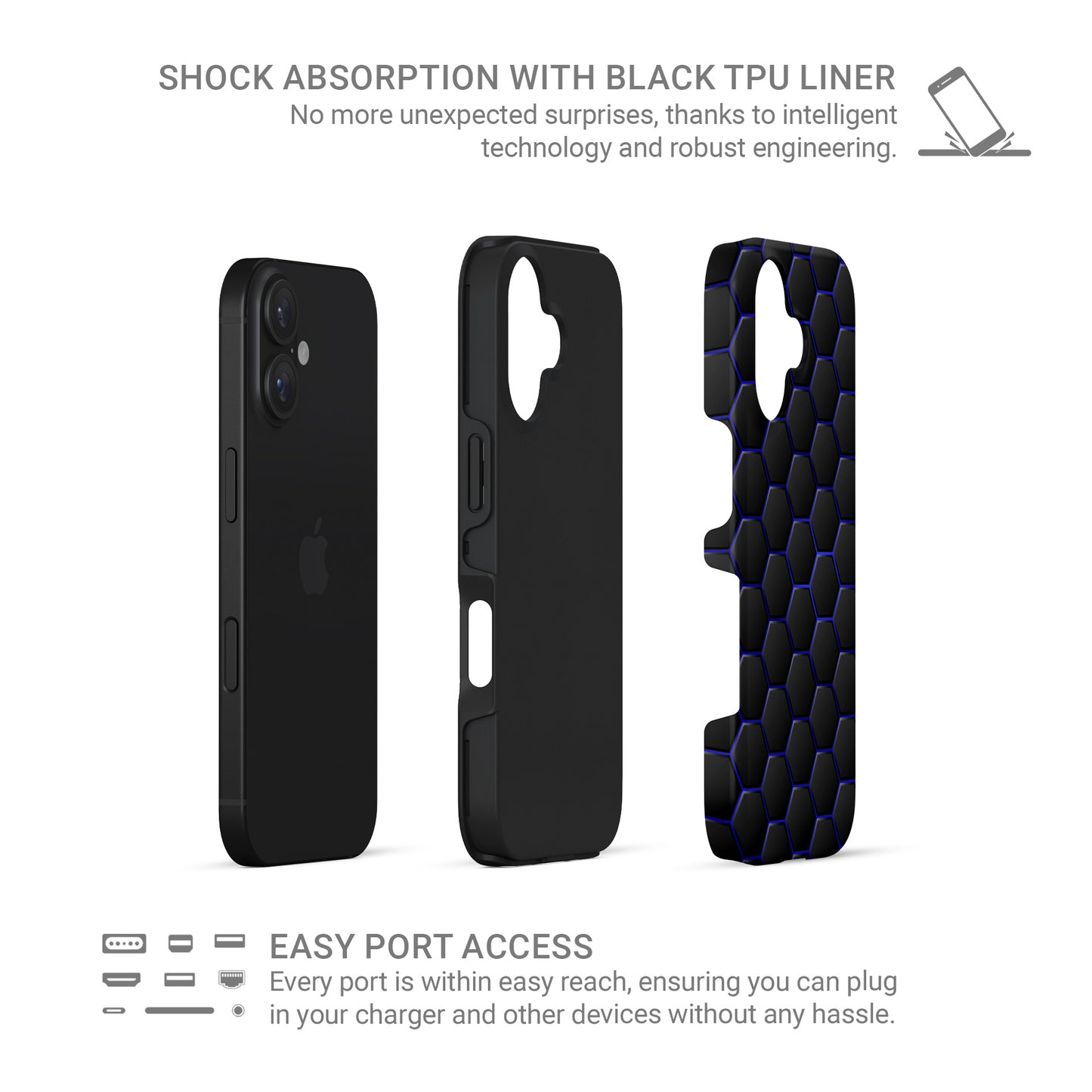 Midnight Voltage tough phone case with dark hexagon pattern and glowing blue outlines on a glossy charcoal finish.