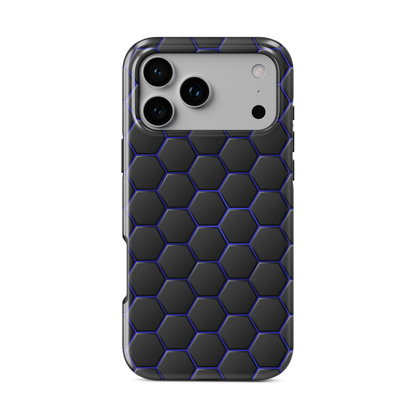 Midnight Voltage phone case with black hexagon pattern and blue outline detailing in a glossy modern finish