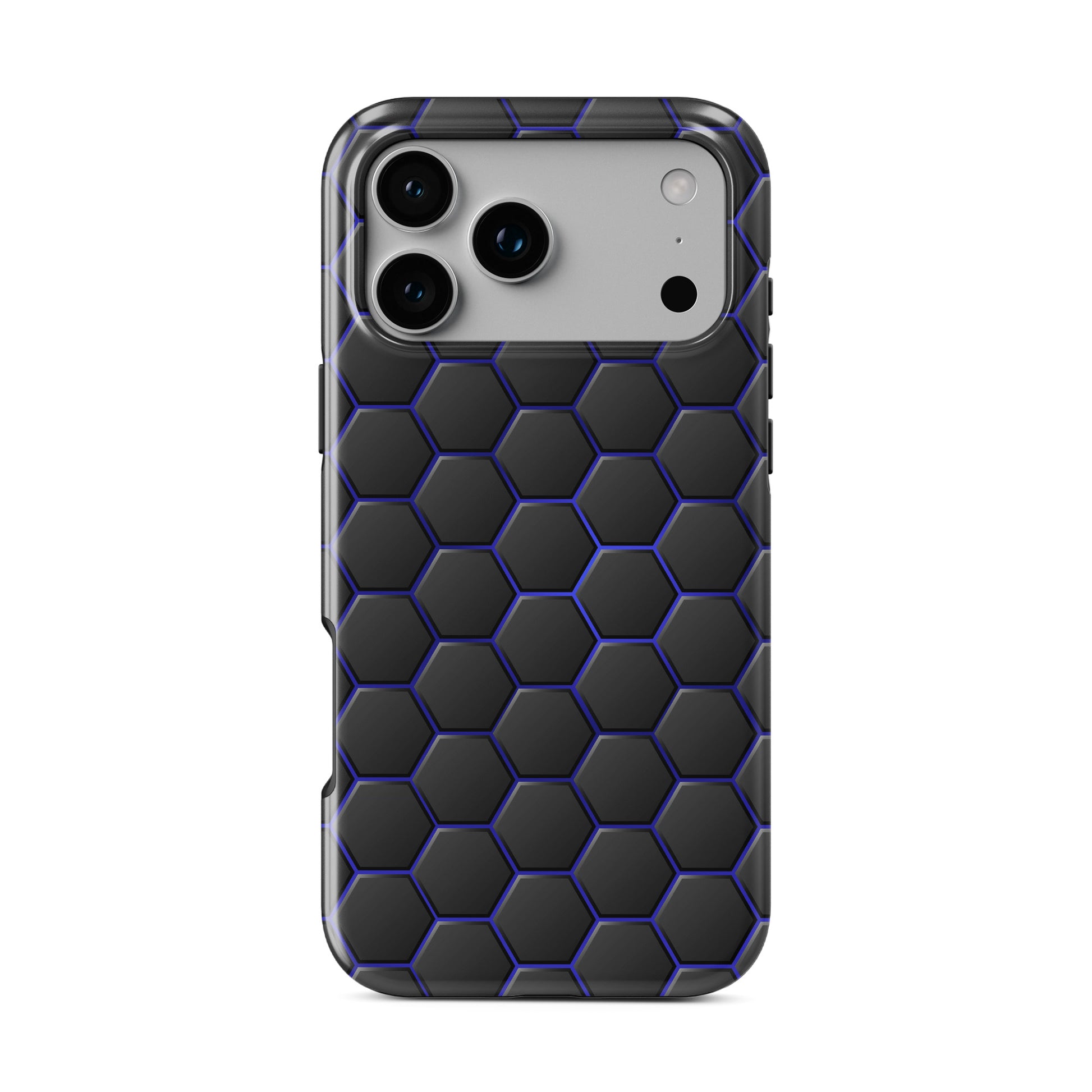 Midnight Voltage phone case with black hexagon pattern and blue outline detailing in a glossy modern finish