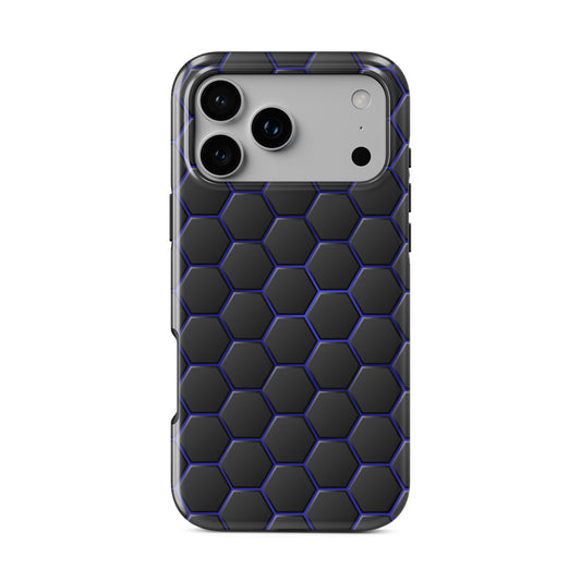 Midnight Voltage phone case with black hexagon pattern and blue outline detailing in a glossy modern finish
