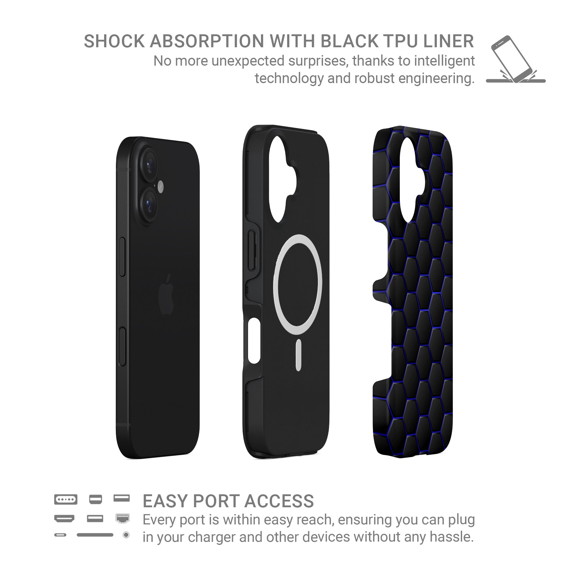 Midnight Voltage phone case with black hexagon pattern and blue outline detailing in a glossy modern finish