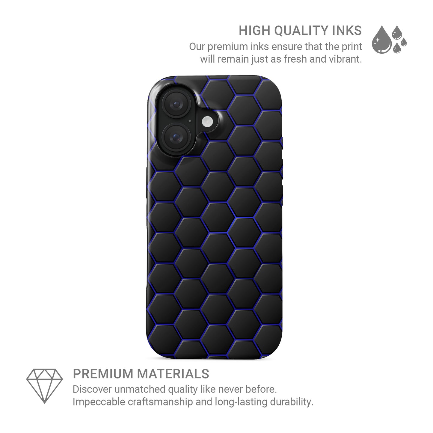 Midnight Voltage phone case with black hexagon pattern and blue outline detailing in a glossy modern finish