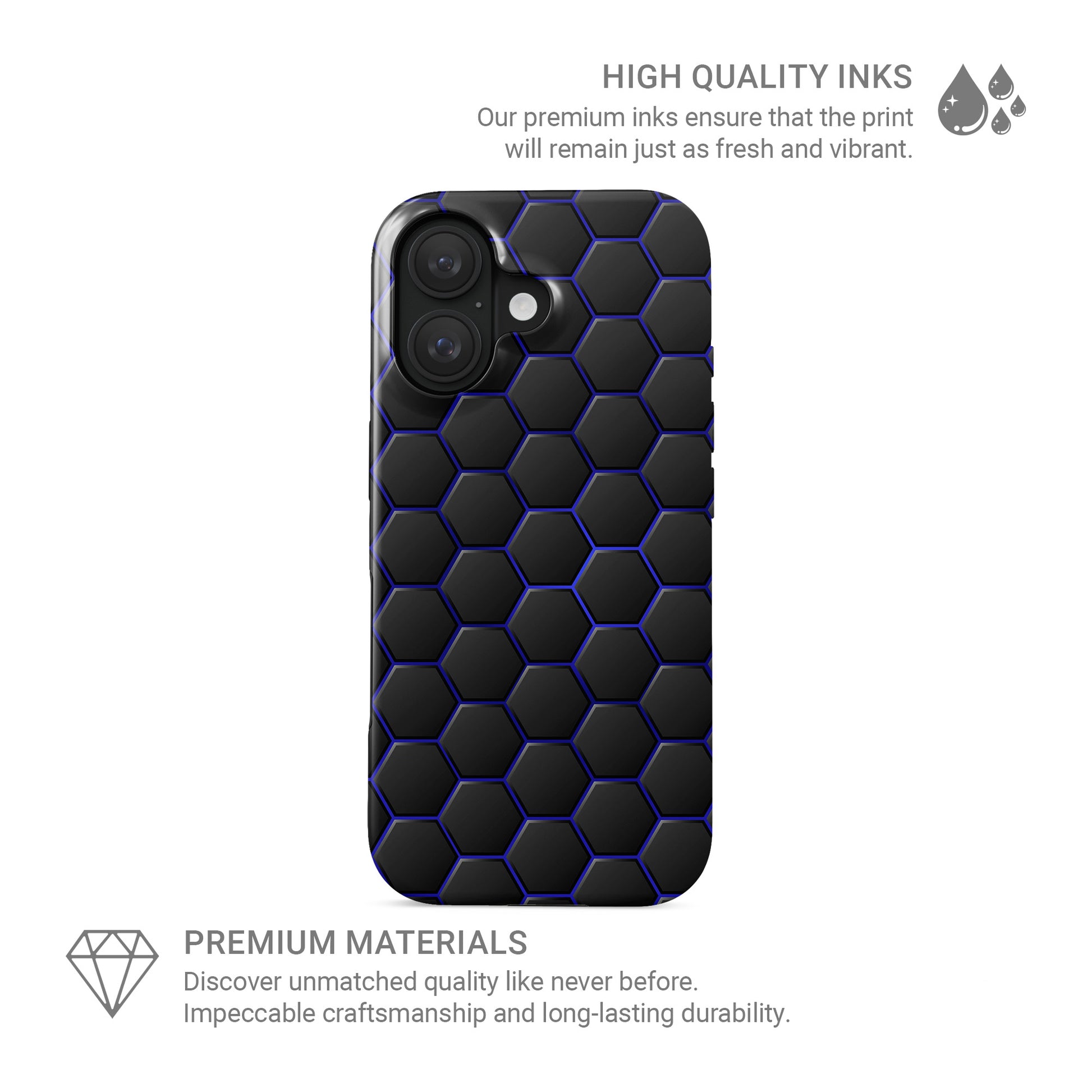 Midnight Voltage phone case with black hexagon pattern and blue outline detailing in a glossy modern finish