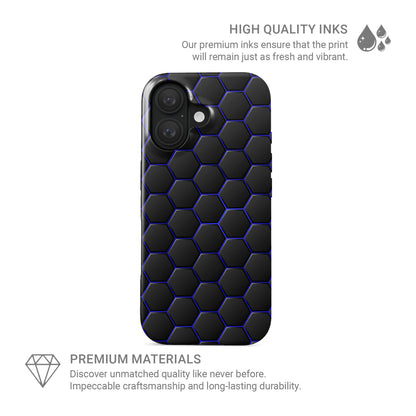 Midnight Voltage phone case with black hexagon pattern and blue outline detailing in a glossy modern finish
