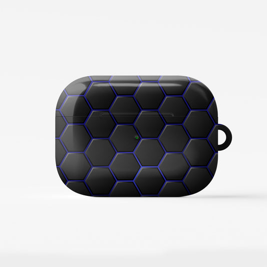 Midnight Voltage AirPods tough case with black and blue honeycomb hexagon pattern, glossy finish, modern geometric design, flat printed texture.