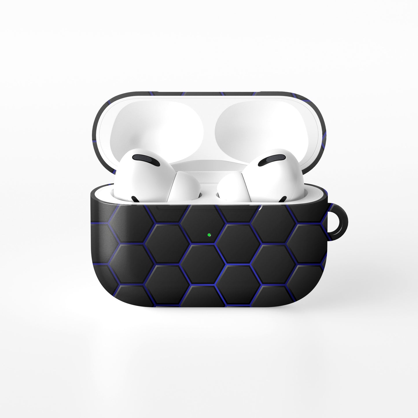 Midnight Voltage AirPods tough case with black and blue honeycomb hexagon pattern, glossy finish, modern geometric design, flat printed texture.