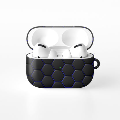 Midnight Voltage AirPods tough case with black and blue honeycomb hexagon pattern, glossy finish, modern geometric design, flat printed texture.