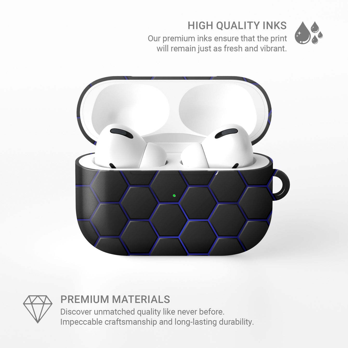 Midnight Voltage AirPods tough case with black and blue honeycomb hexagon pattern, glossy finish, modern geometric design, flat printed texture.