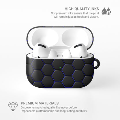 Midnight Voltage AirPods tough case with black and blue honeycomb hexagon pattern, glossy finish, modern geometric design, flat printed texture.