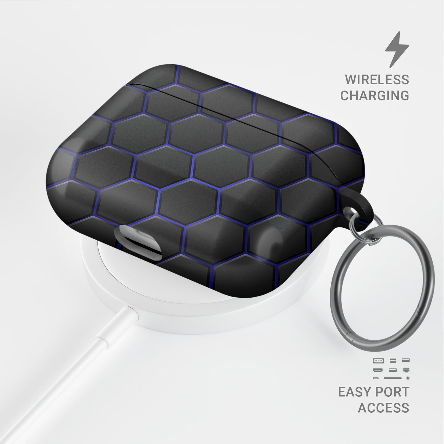 Midnight Voltage AirPods tough case with black and blue honeycomb hexagon pattern, glossy finish, modern geometric design, flat printed texture.