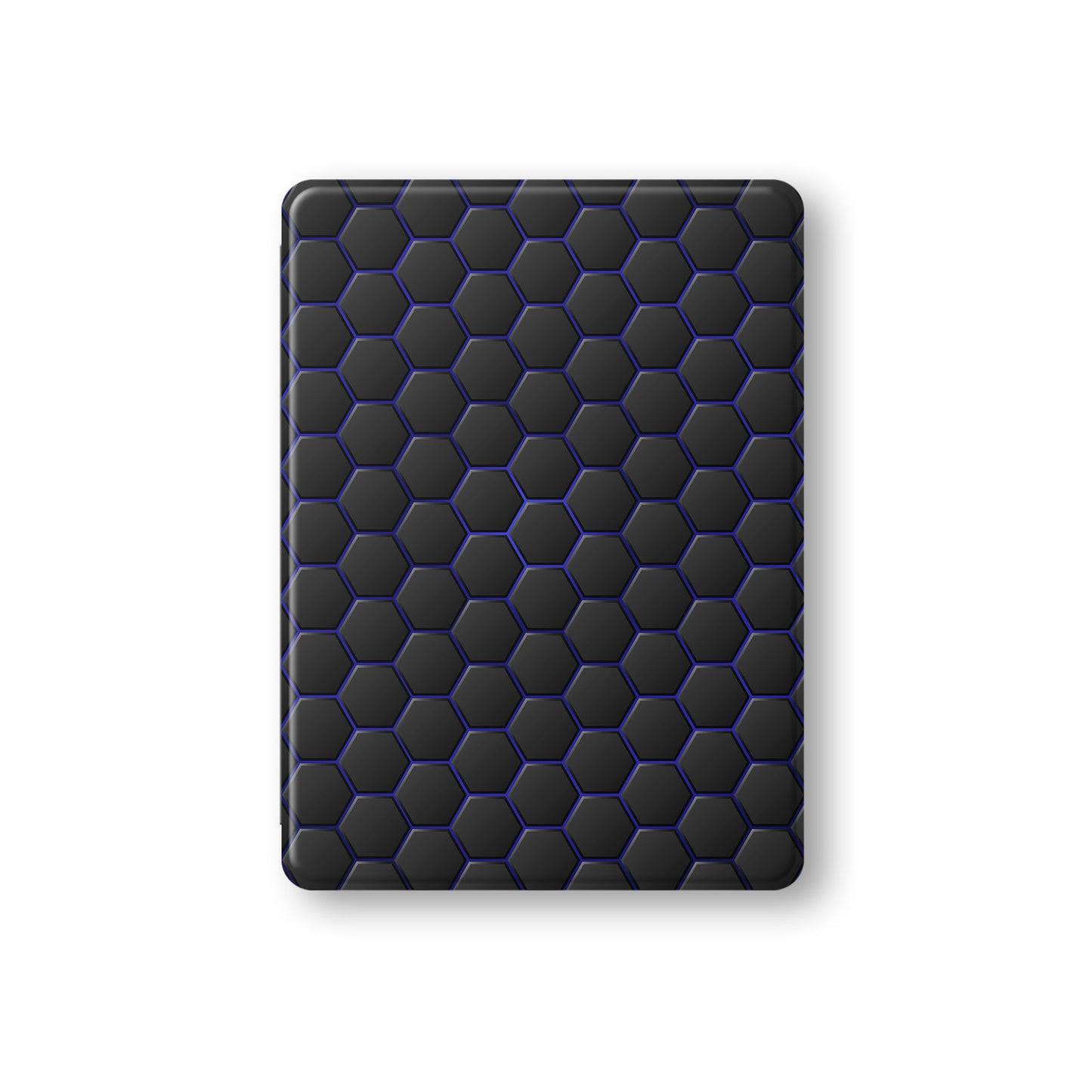 Midnight Voltage Apple iPad case with matte black and blue geometric design, vegan Saffiano leather exterior, Apple Pencil holder and slim protective build.
