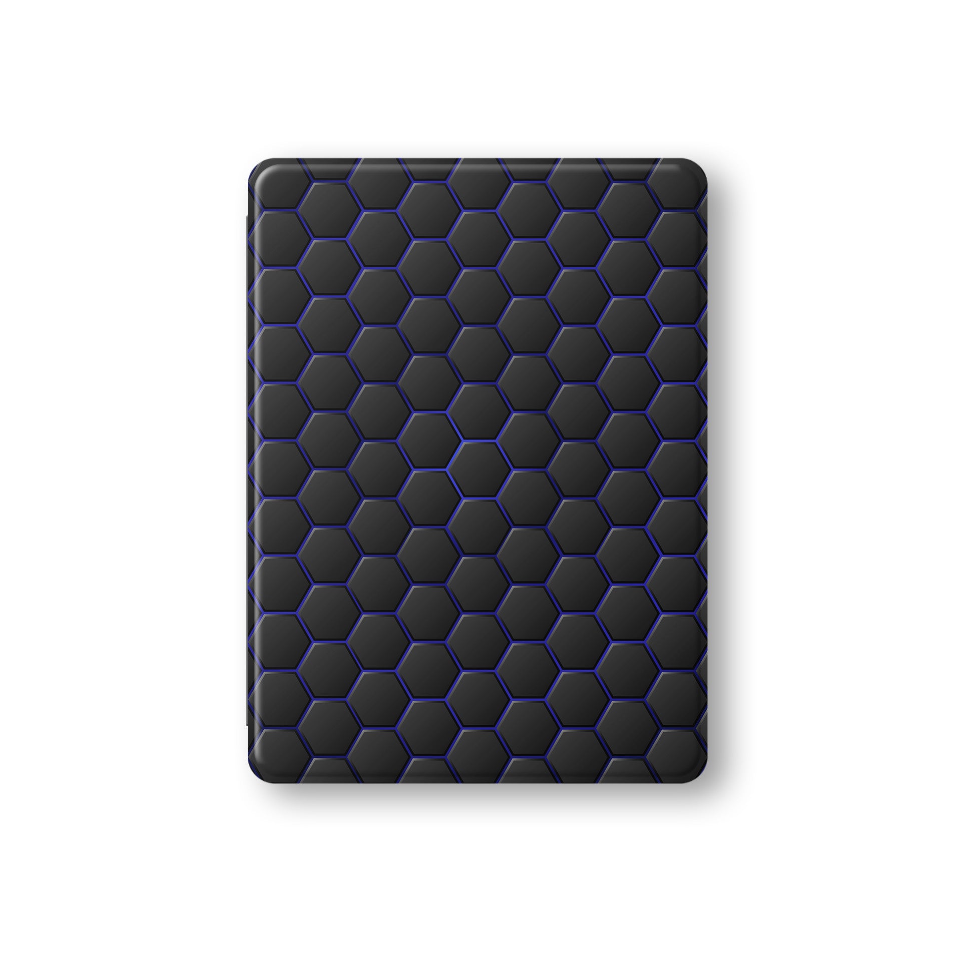 Midnight Voltage Apple iPad case with matte black and blue geometric design, vegan Saffiano leather exterior, Apple Pencil holder and slim protective build.