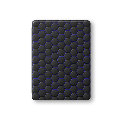 Midnight Voltage Apple iPad case with matte black and blue geometric design, vegan Saffiano leather exterior, Apple Pencil holder and slim protective build.