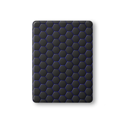 Midnight Voltage Apple iPad case with matte black and blue geometric design, vegan Saffiano leather exterior, Apple Pencil holder and slim protective build.