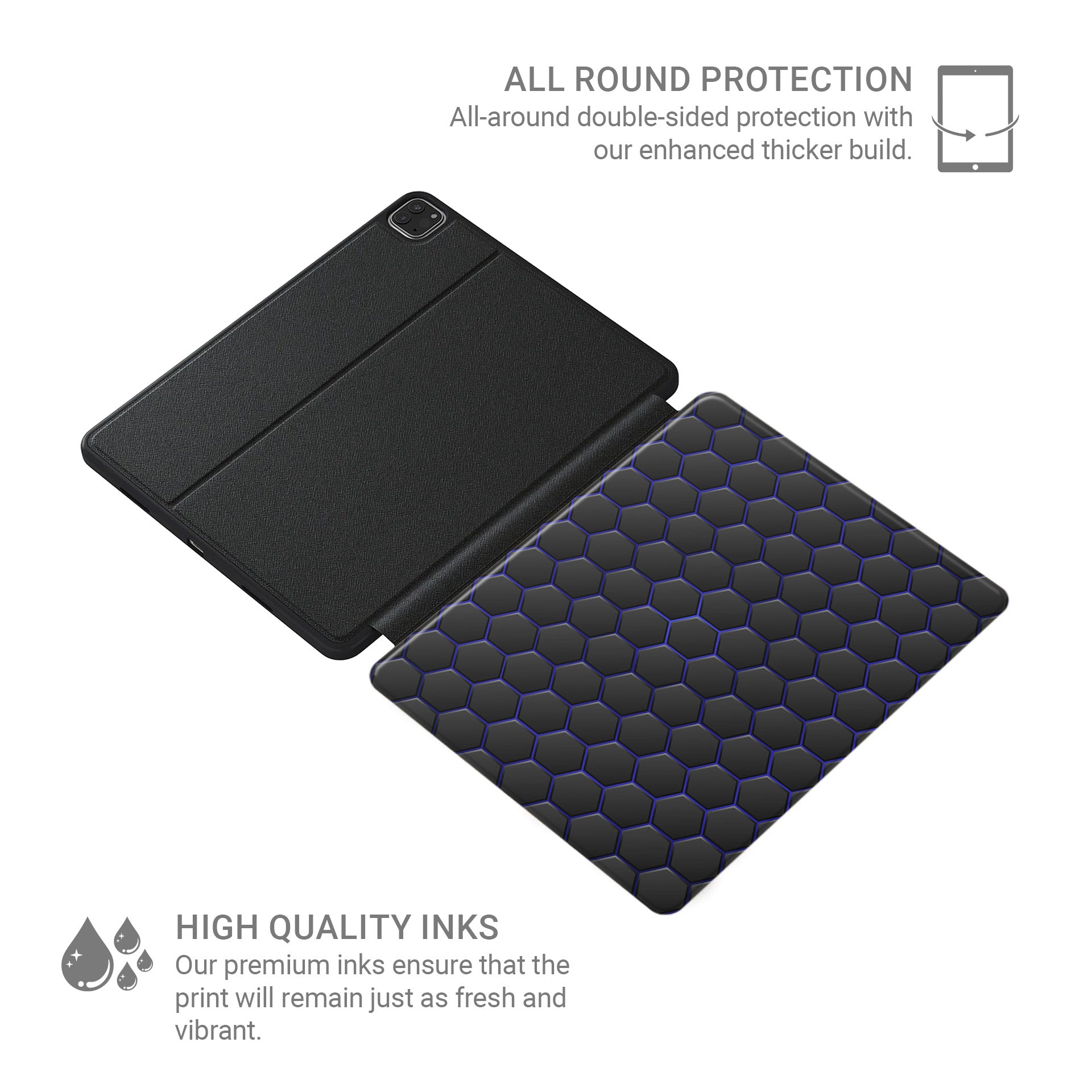 Midnight Voltage Apple iPad case with matte black and blue geometric design, vegan Saffiano leather exterior, Apple Pencil holder and slim protective build.