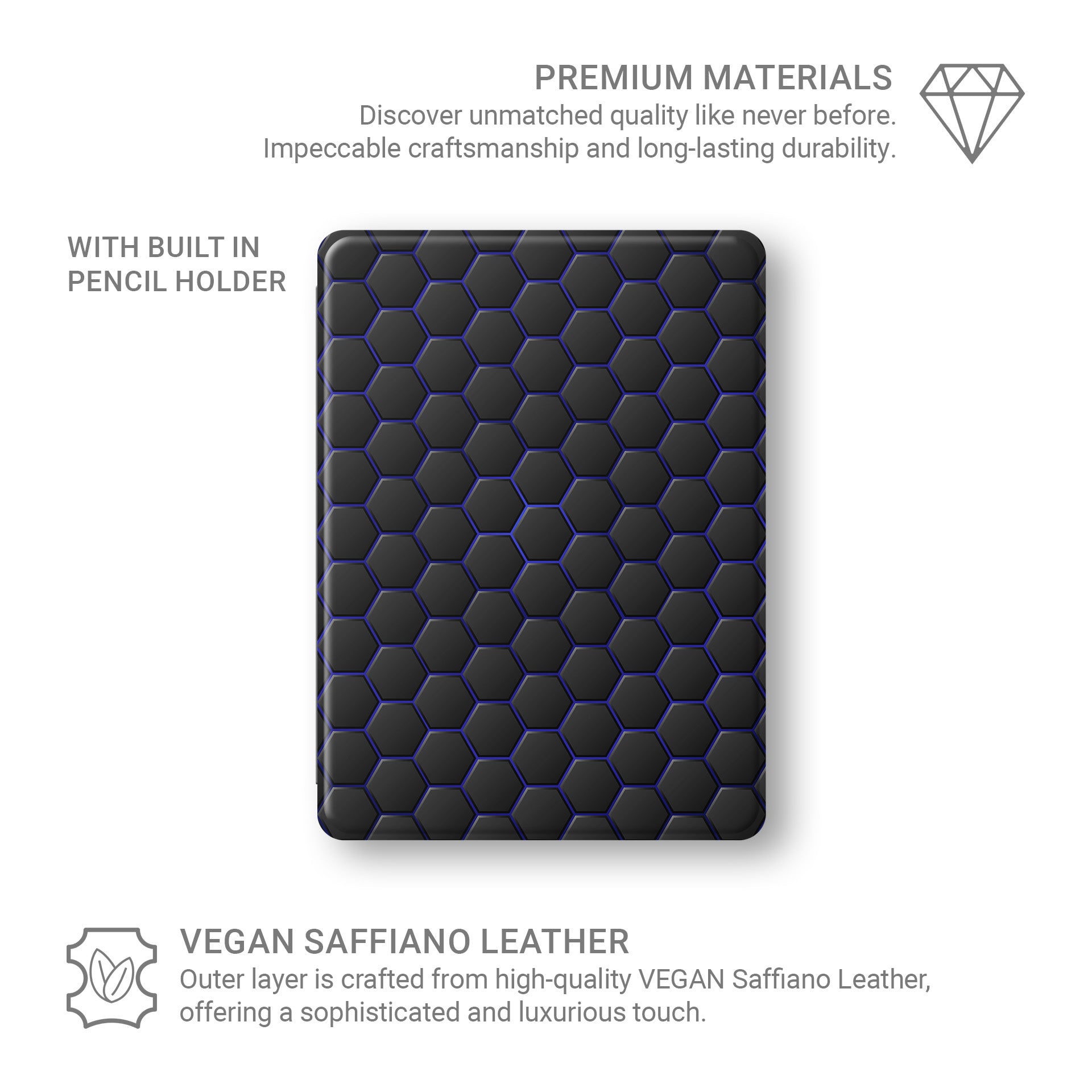 Midnight Voltage Apple iPad case with matte black and blue geometric design, vegan Saffiano leather exterior, Apple Pencil holder and slim protective build.