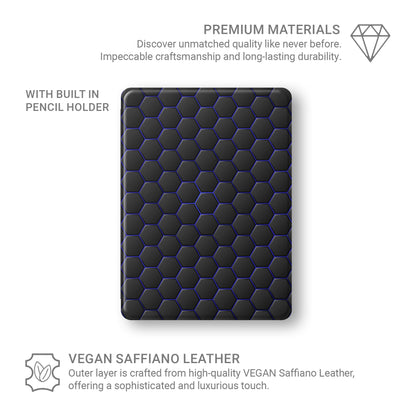 Midnight Voltage Apple iPad case with matte black and blue geometric design, vegan Saffiano leather exterior, Apple Pencil holder and slim protective build.