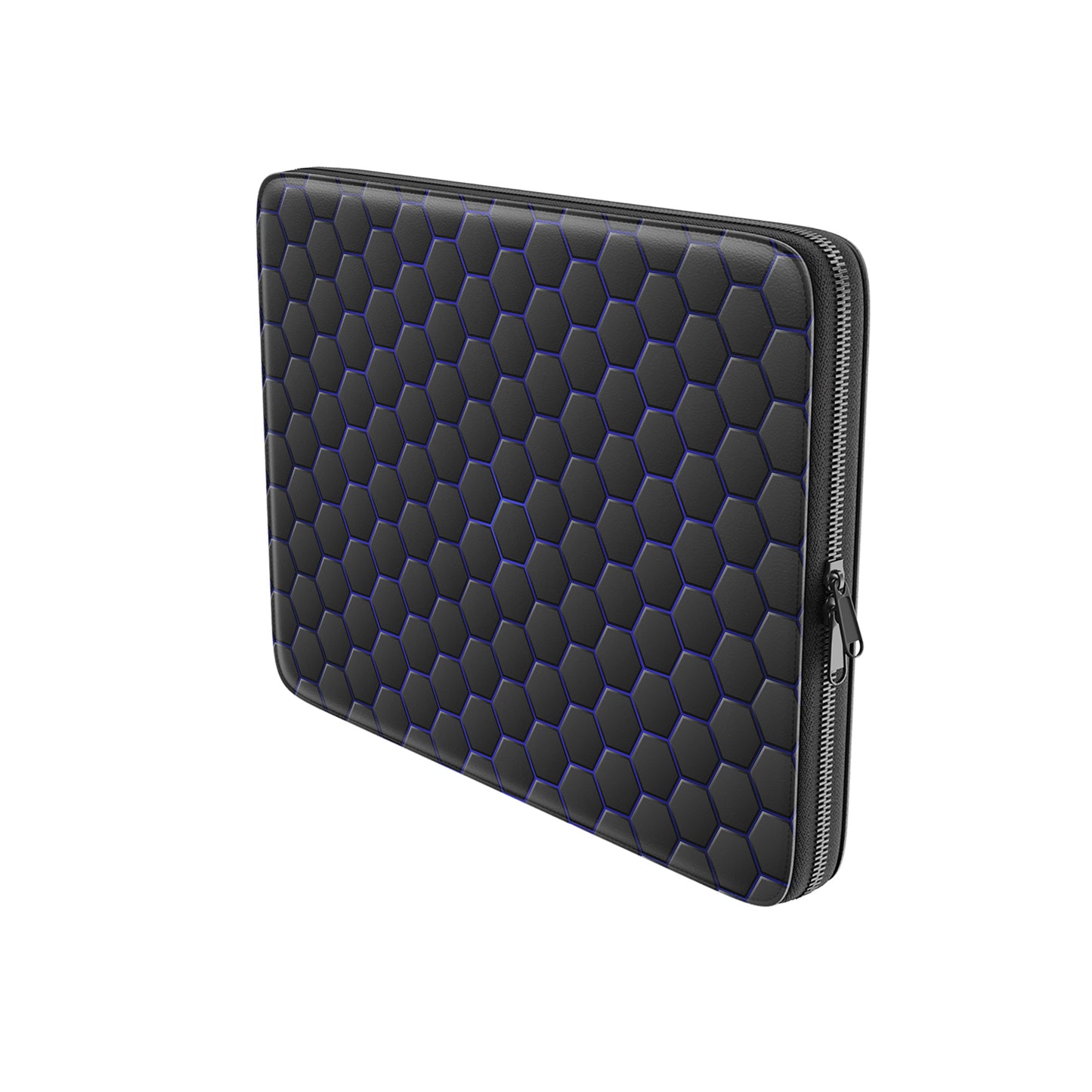Midnight Voltage laptop case with black hexagon pattern and electric blue accents, shown as a slim padded protective laptop sleeve.