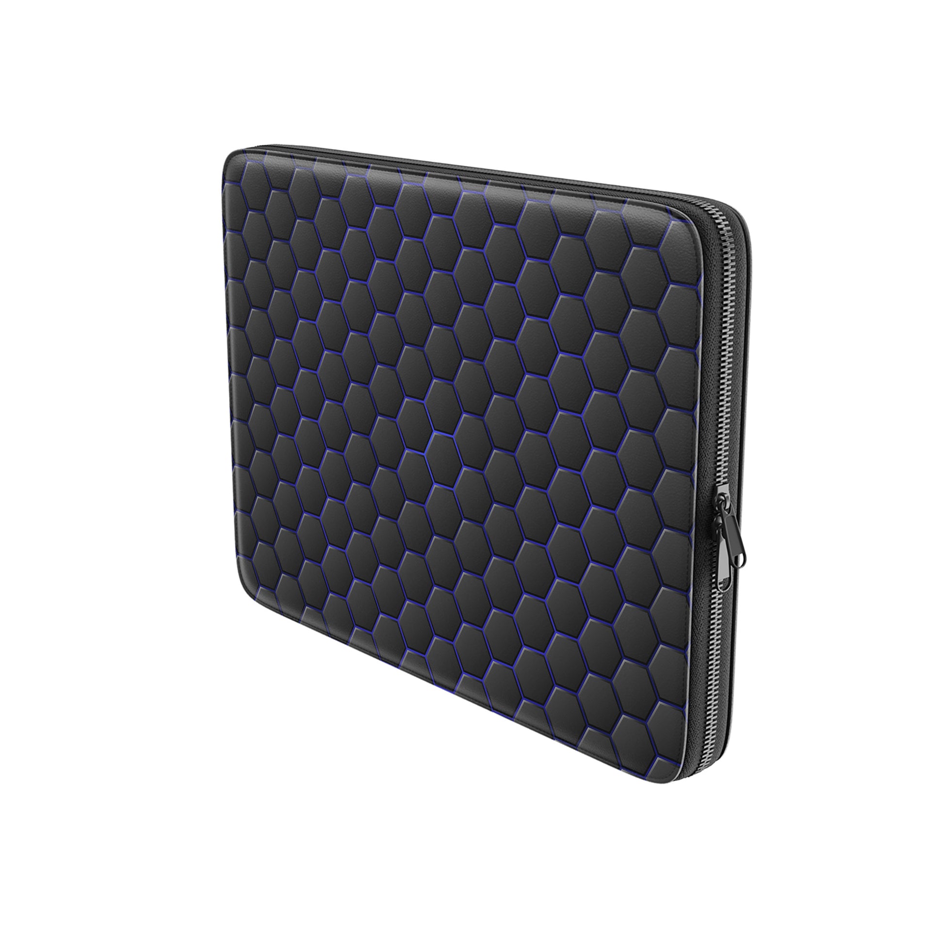 Midnight Voltage laptop case with black hexagon pattern and electric blue accents, shown as a slim padded protective laptop sleeve.