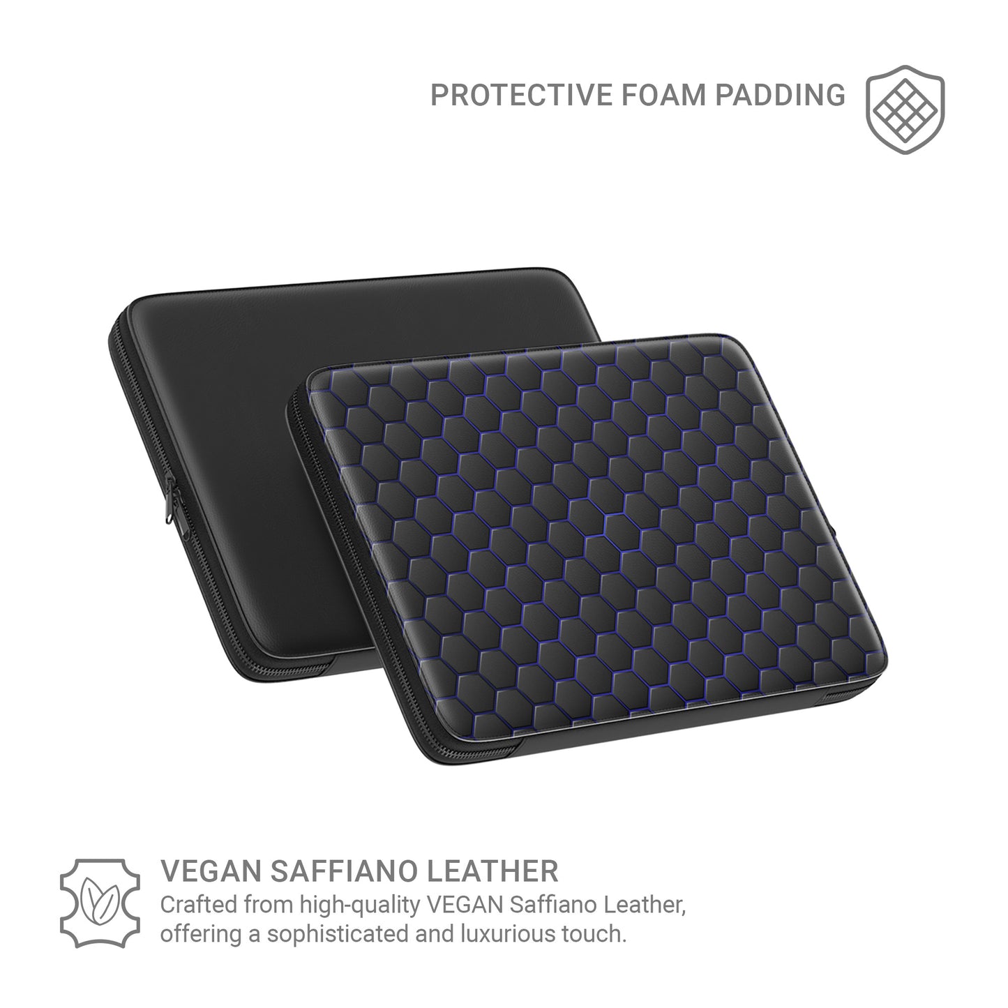 Midnight Voltage laptop case with black hexagon pattern and electric blue accents, shown as a slim padded protective laptop sleeve.