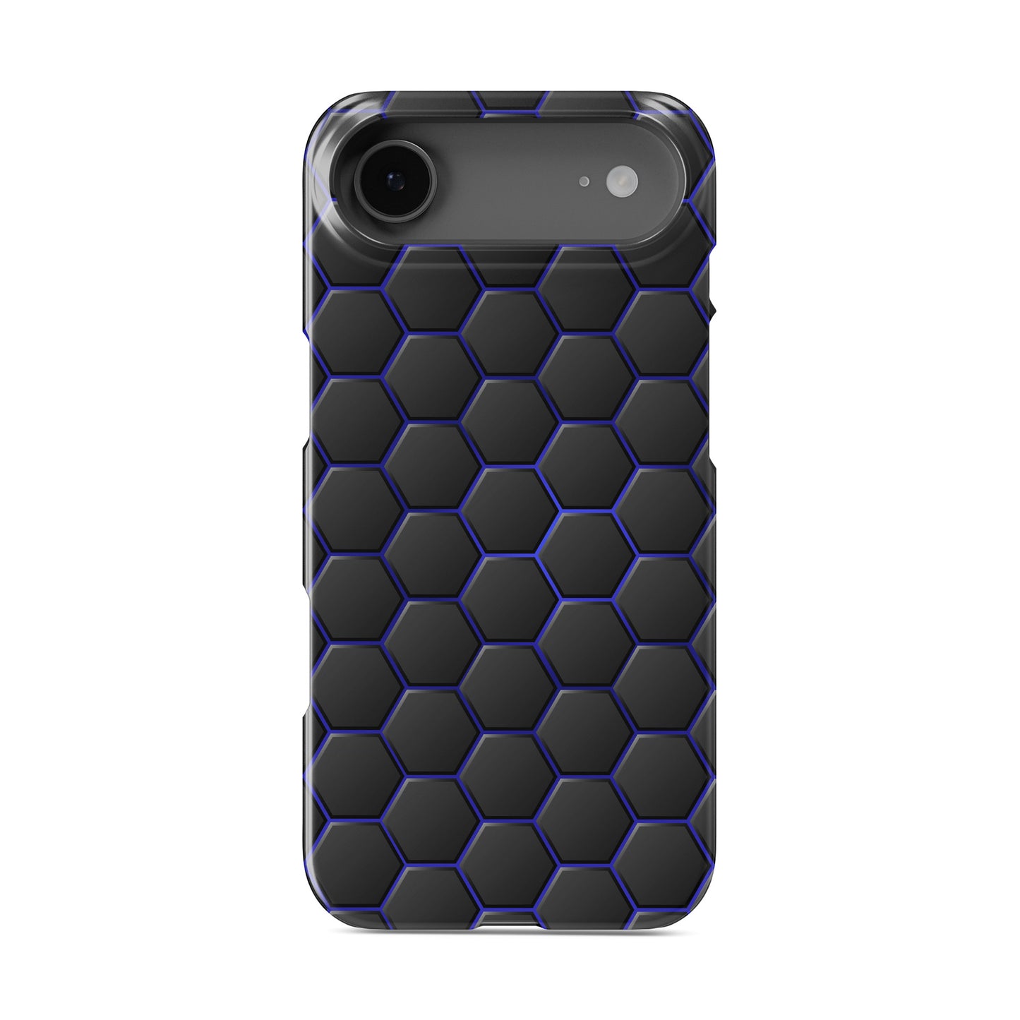 Midnight Voltage snap phone case with blue neon hexagon pattern on dark background