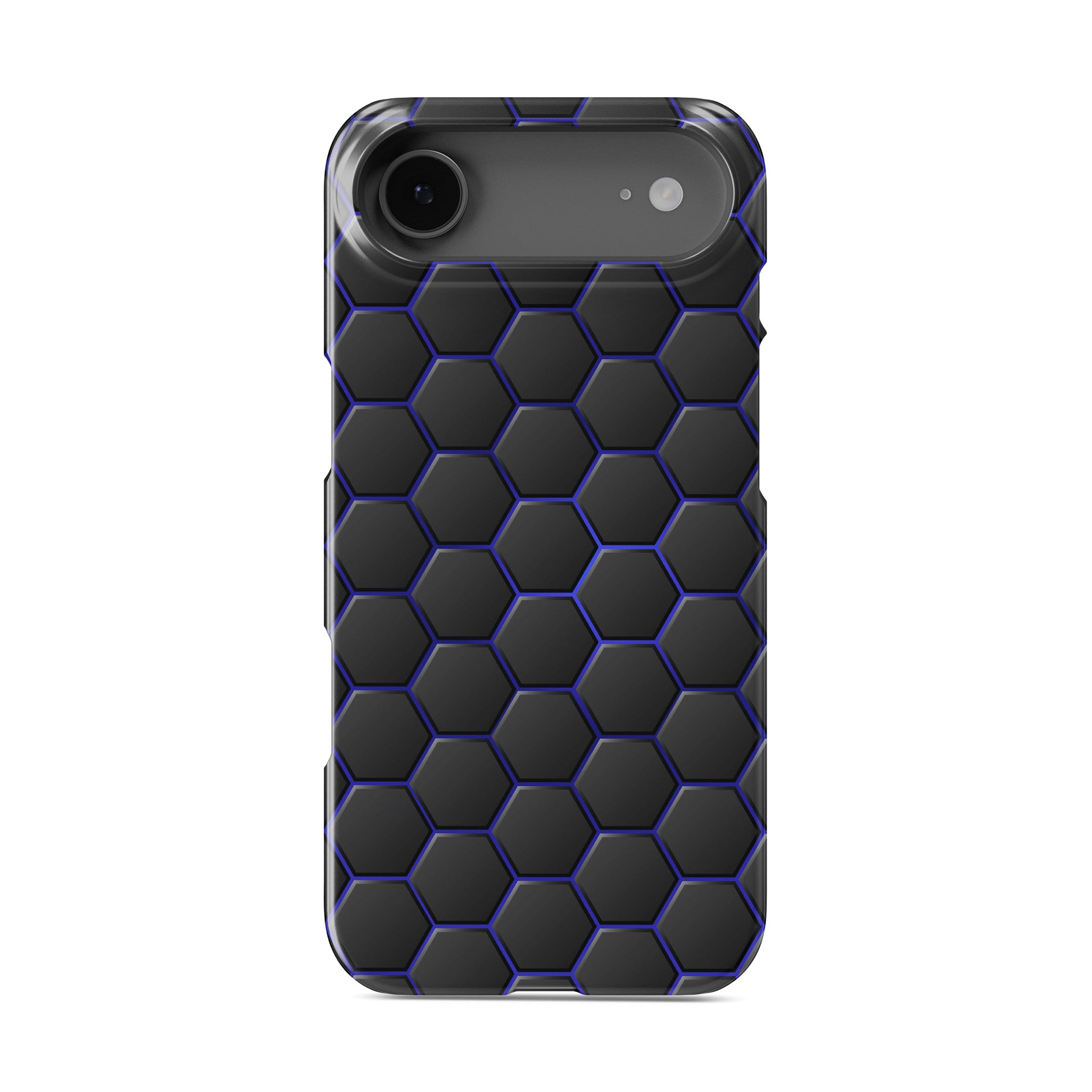 Midnight Voltage snap phone case with blue neon hexagon pattern on dark background