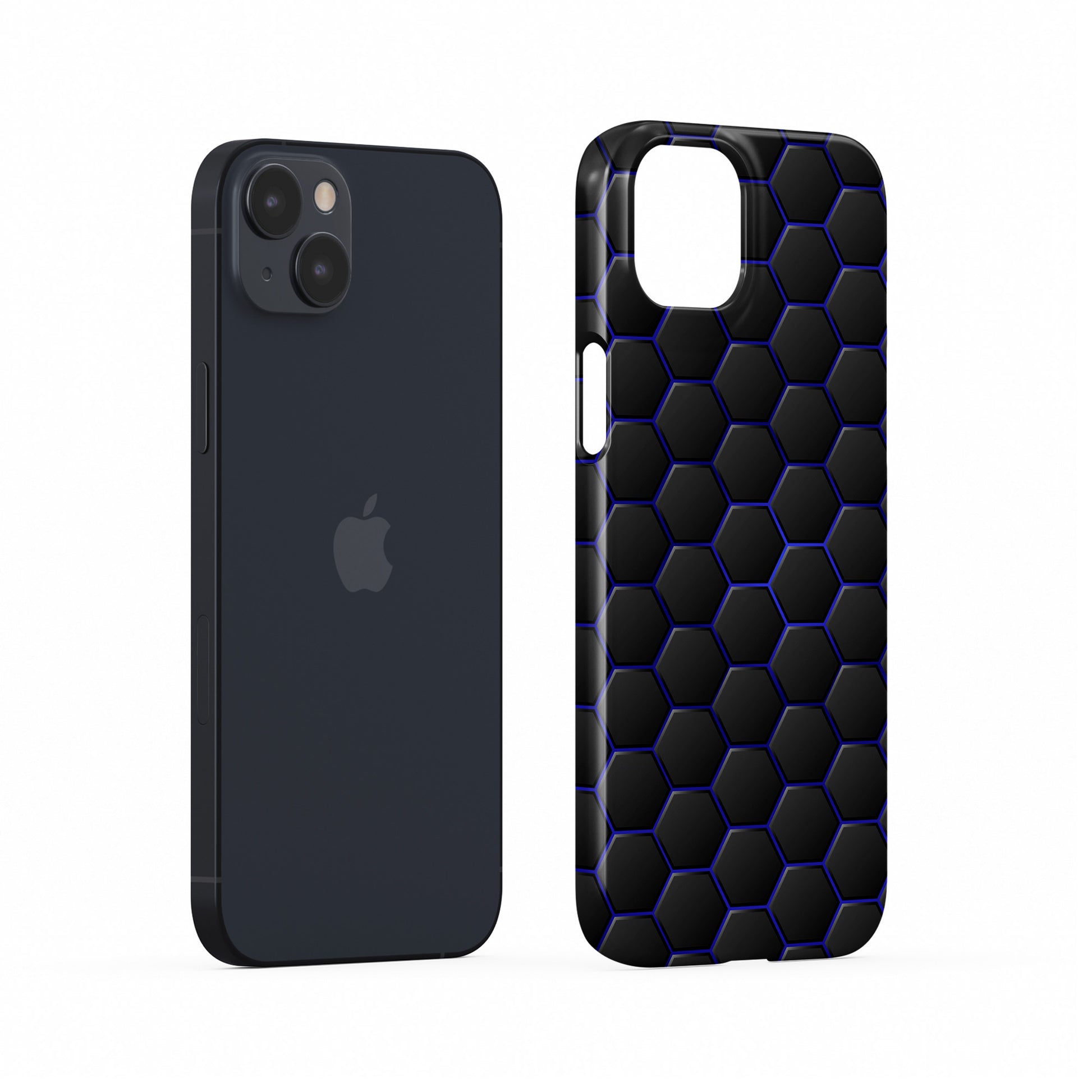 Midnight Voltage snap phone case with blue neon hexagon pattern on dark background