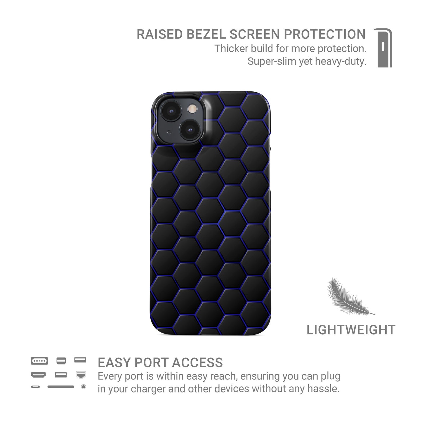 Midnight Voltage snap phone case with blue neon hexagon pattern on dark background