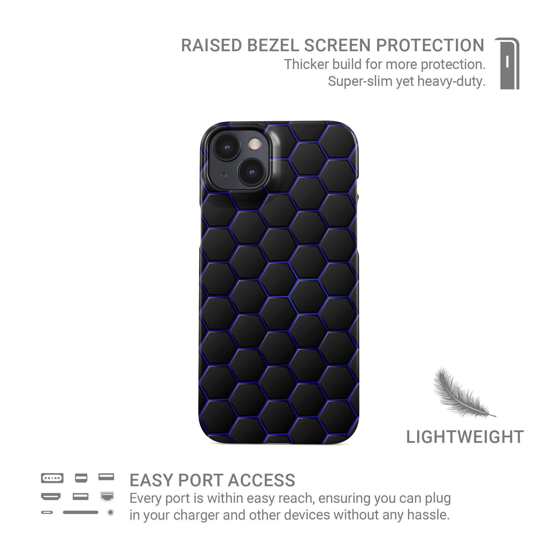 Midnight Voltage snap phone case with blue neon hexagon pattern on dark background
