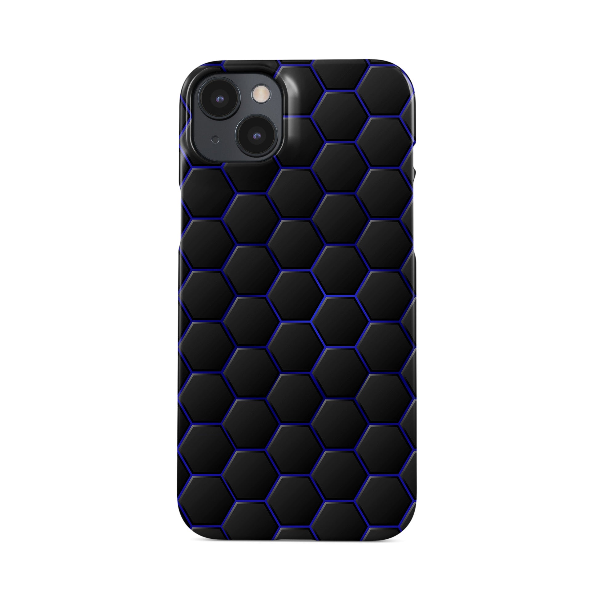 Midnight Voltage snap phone case with blue neon hexagon pattern on dark background