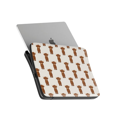 Repeat pattern of cute Highland cows on Moo Parade laptop sleeve with neutral background
