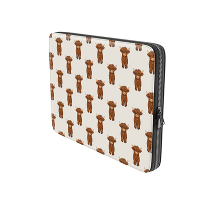 Repeat pattern of cute Highland cows on Moo Parade laptop sleeve with neutral background