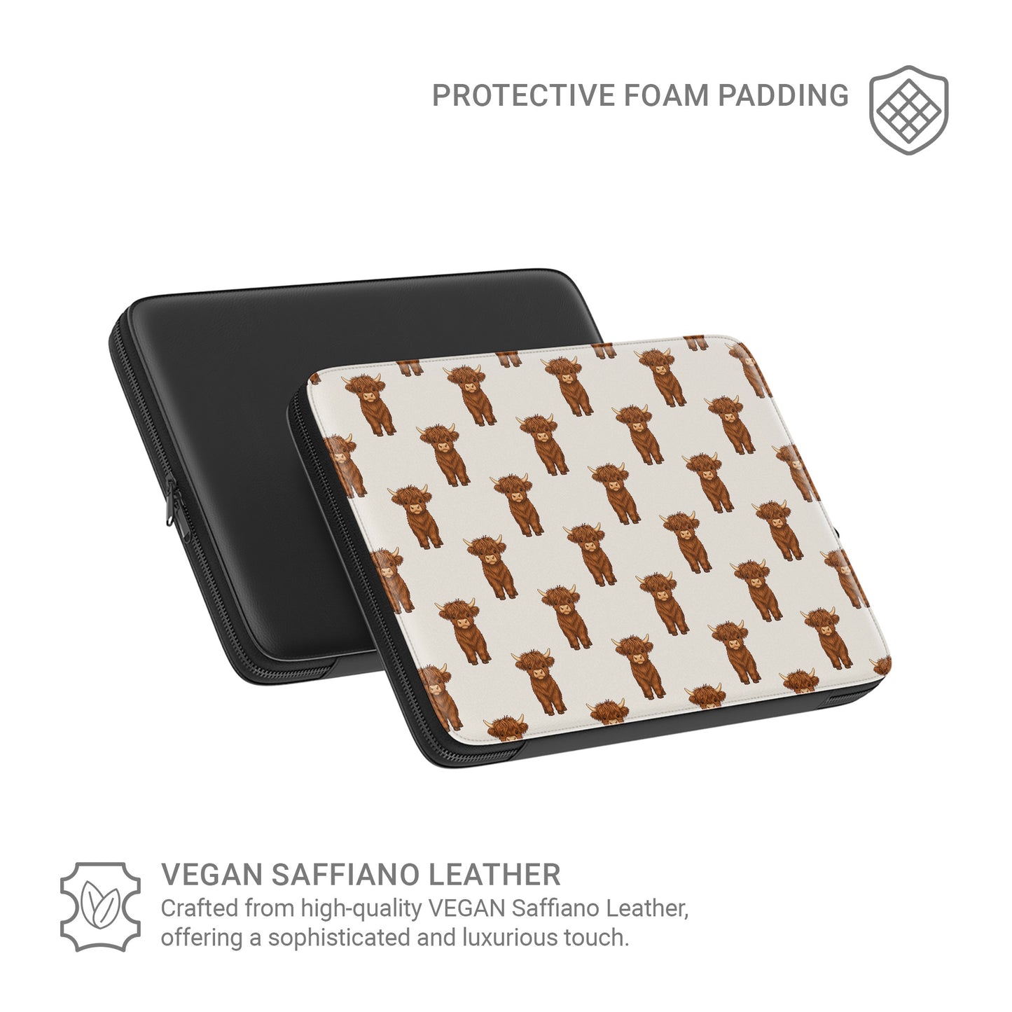Repeat pattern of cute Highland cows on Moo Parade laptop sleeve with neutral background