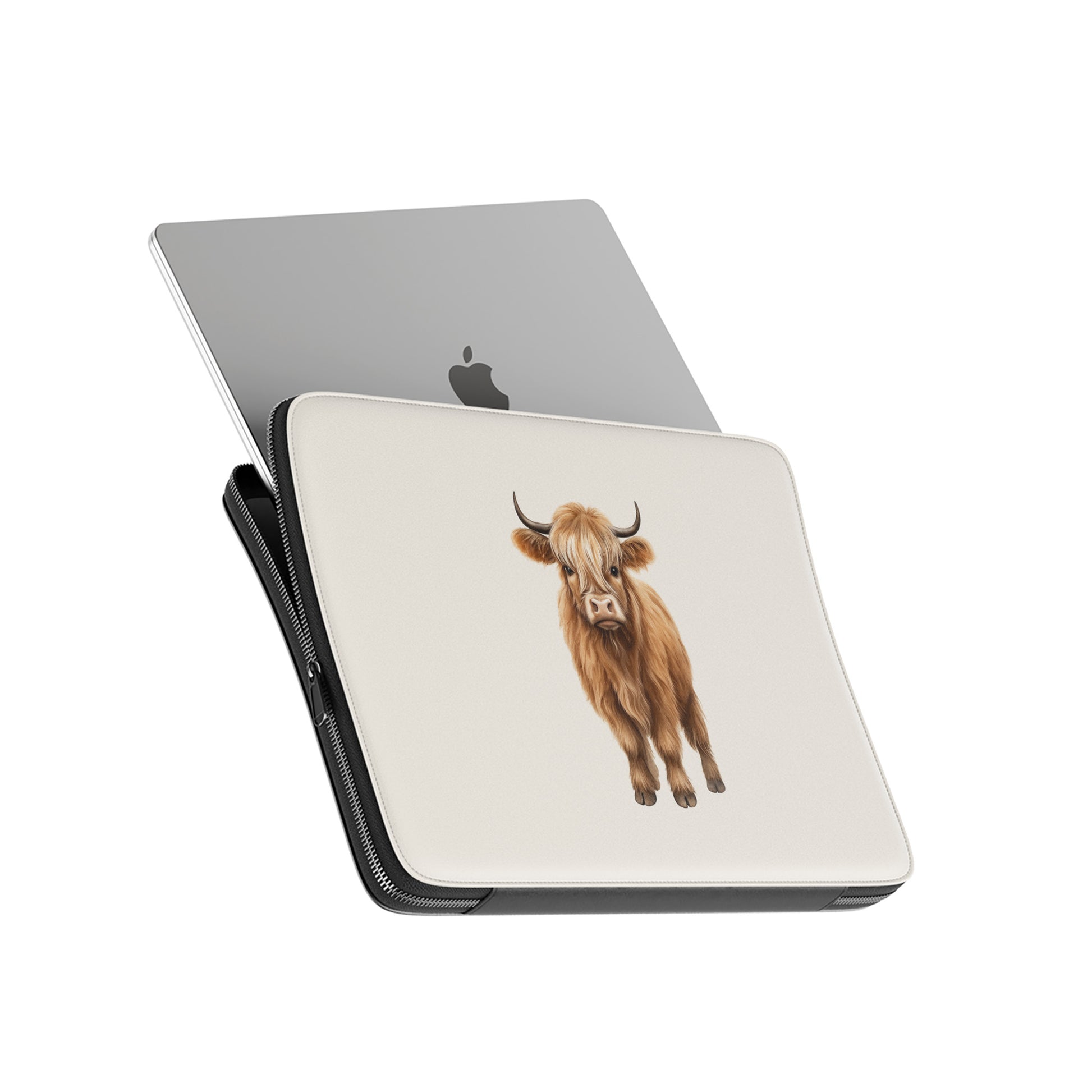 Cute Highland cow illustration on beige background for Moo-na Lisa laptop sleeve with cosy neutral aesthetic