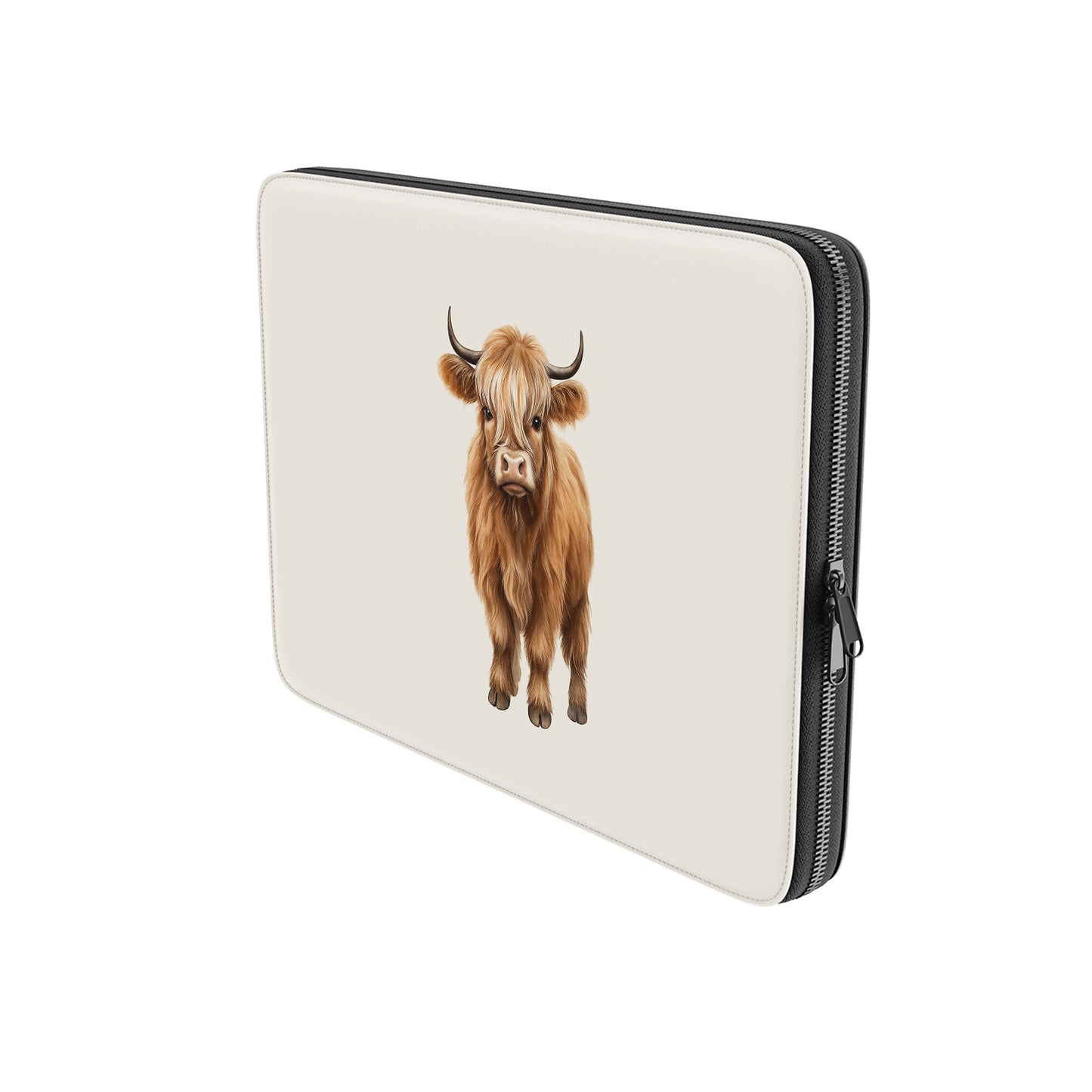 Cute Highland cow illustration on beige background for Moo-na Lisa laptop sleeve with cosy neutral aesthetic