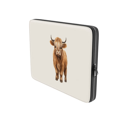 Cute Highland cow illustration on beige background for Moo-na Lisa laptop sleeve with cosy neutral aesthetic